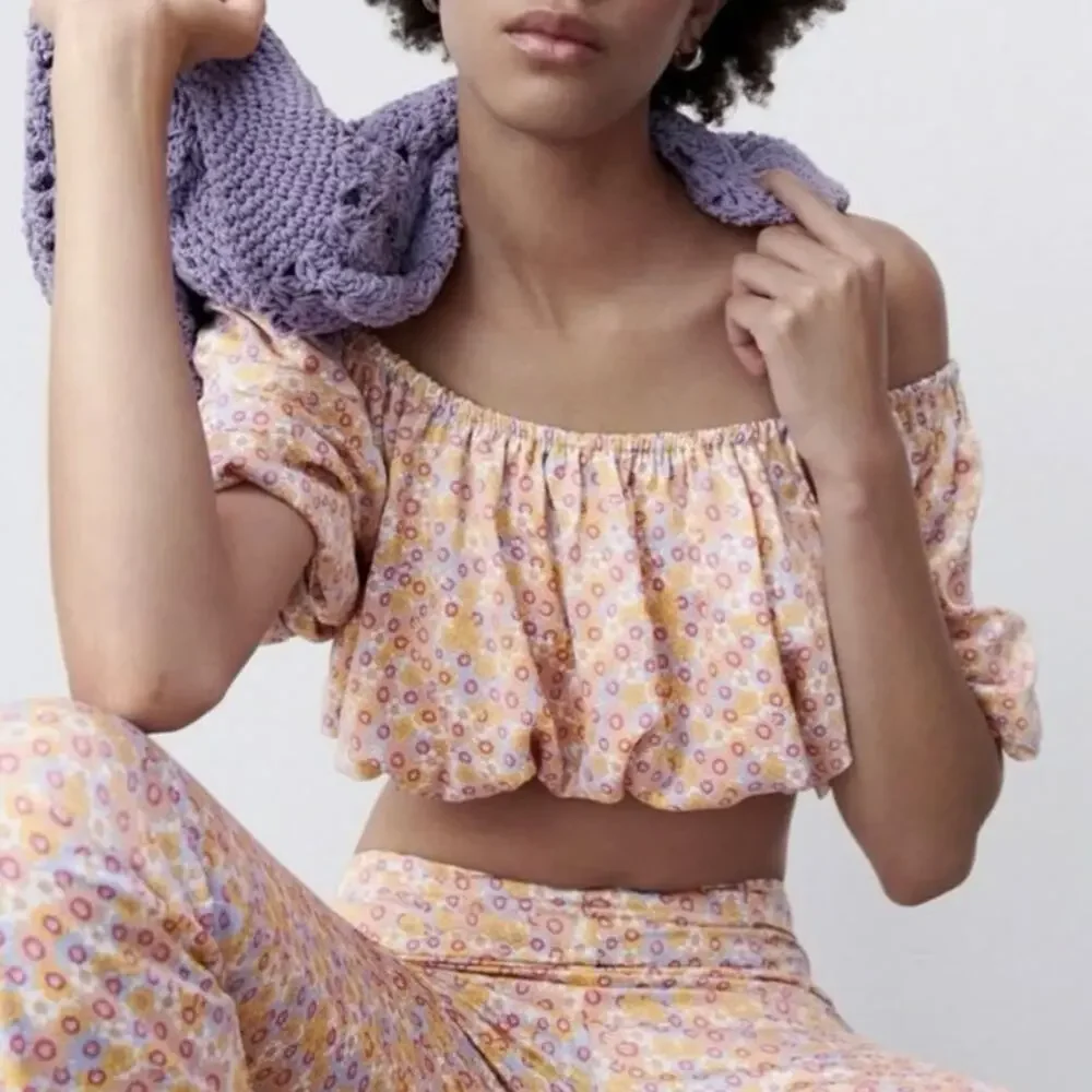 Zara Printed Satin Effect Floral Puff Sleeve Off Shoulder Crop Top Size Small